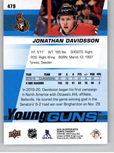 2019-20 Felső szint 479 Jonathan Davidsson Young Guns RC Újonc Ottawa Senators NHL Jégkorong Trading Card