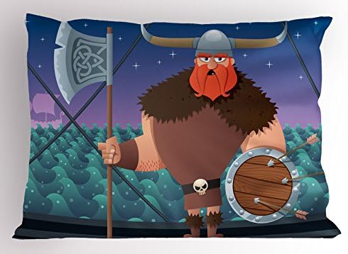 Ambesonne Északi párnahuzatot, Rajzfilm Viking Karakter a Fedélzeten, A Hajó Rettenthetetlen Harcos Hullámos Tenger, Dekoratív
