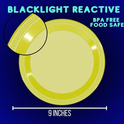 Gyönyörű Fekete Fény, Ragyogás Party Tányér - 120 Party Tányér - Méret: 9 Cm. - Vegyes Színek - Élelmiszer Biztonságos Anyag - Blacklight