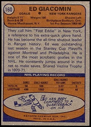 1974 Topps 160 Ed Giacomin New York Rangers-Jégkorong (Hoki-Kártya) NM/MT Rangers-Hoki