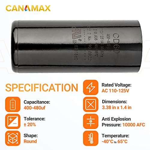 Canamax 400-480 MFD uf 50/60 Hz 110-125 VAC V Körben Start Kondenzátor - Csere AC Motor Fut, vagy Ventilátor Start, Hűvös vagy hőszivattyús