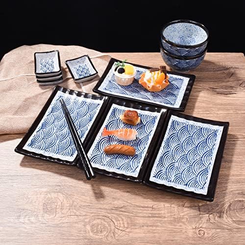 Cerficer Japán 8 Inch Szusi Lap, Kék Hullám Cracker Tálca, Porcelán Sushi Tálak, Téglalap alakú Lemezek, Készlet 4