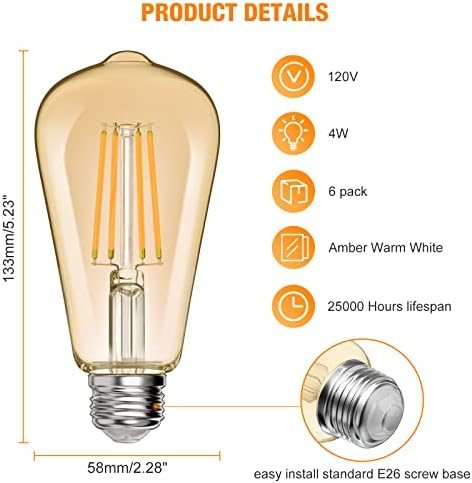 VOOSEI Szabályozható Vintage Edison LED Izzók, 60W Egyenértékű,Izzószálas villanykörte,E26 Közepes Bázis,ST58 Régi Izzók Otthoni