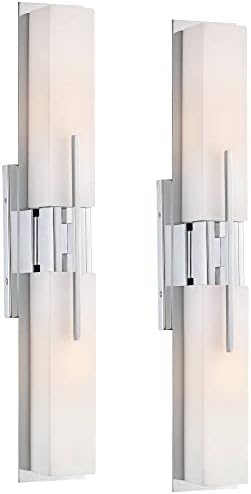 Possini Euro Design Belvárosi Modern Fali Lámpák Készlet 2 Chrome Silver Fém Vezetékes 4 1/2 Lámpatest, Fehér Üveg, Téglalap alakú Árnyékban