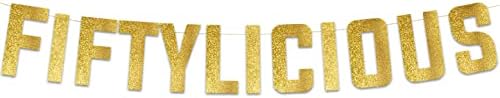 Fiftylicious Arany Glitter Banner - Boldog 50-es évekből Banner - 50 házassági Évforduló Dekoráció - Mérföldkő Szülinapi Parti Dekoráció