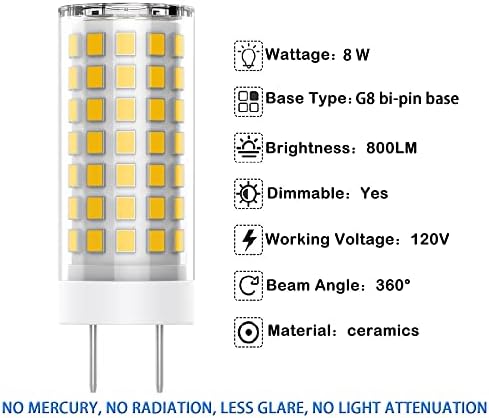 WeiSpecia G8 LED Izzó a Pult Alatt Konyha Világítás Alatt-Kabinet Fény,a G8-ak Bázist Bi-pin, Szabályozható 8W AC 120V 800 Lumen 80W-100W