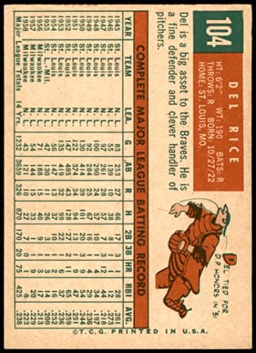 1959 Topps 104 Del Rizs Milwaukee Bátrabbak (Baseball Kártya) EX Bátrabbak