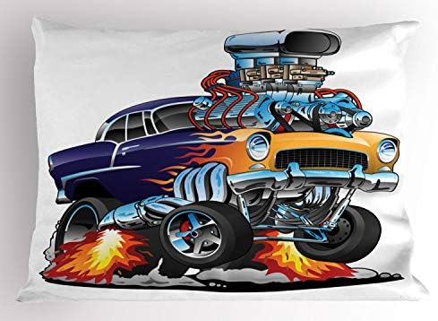 Ambesonne versenyautó párnahuzatot, Illusztráció Egyetlen Klasszikus Hot Rod Muscle Car, valamint egy Nagy Motor, Dekoratív Szabványos