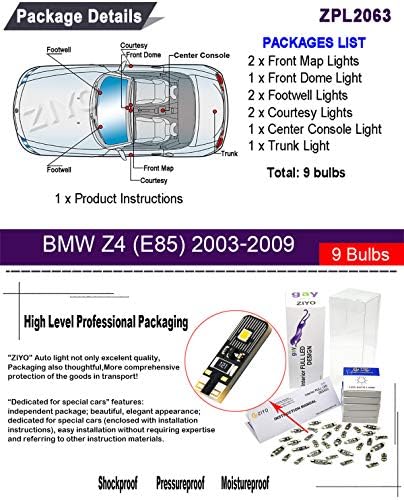ZPL2063 - (9 Izzók) LED Lámpa Készlet Csere BMW Z4 E85 Kabrió 2003-2009, 6000K Xenon Fehér Búra Izzók Frissítési Hiba Ingyenes