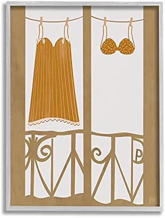 Stupell Iparágak Vintage Narancssárga Ruhát Európai Építészet Erkély Ruhaszárító kötél által Tervezett Nyírfa&Tinta Szürke Keretes