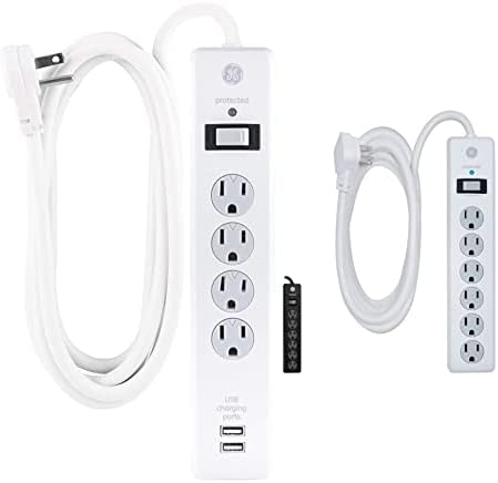 GE túlfeszültségvédő, 4 Üzletekben, 2 USB Port, Extra Hosszú 8ft. Hálózati Kábel, Fehér, 25798 & 6-Outlet Túlfeszültségvédő,