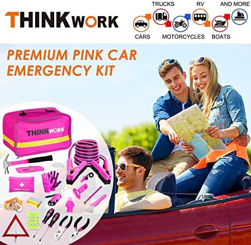 THINKWORK Autó Vészhelyzeti Készlet Tini Lány, Hölgy Ajándékok, Rózsaszín Sürgős Segítség kit Rózsaszín Autó, Szerszám Készlet,