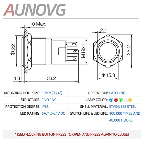 AUNOVG 19mm Reteszelés Nyomógomb Kapcsoló 12V-os LED Vízálló Kapcsoló Kapcsolók 12 Voltos On/Off tápkapcsoló a Fény 0.74 Nyomja meg