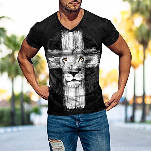 ZDDO Férfi Katona Rövid Ujjú T-shirt 3D Jézus Kereszt Oroszlán Nyomtatás Hazafias Tee Felsők, 2022 Új Nyári V Nyakú Póló