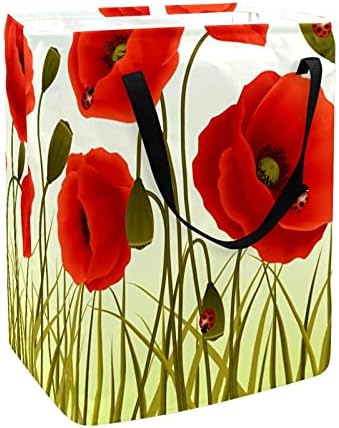 Katicabogarak a Piros Pipacs virágok Szennyesben,Összecsukható Szennyes Kosár fogantyúval & Zárójelben 60L Hálószoba Kollégiumi
