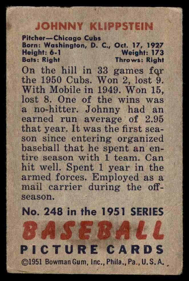 1951 Bowman 248 Johnny Klippstein Chicago Cubs (Baseball Kártya) VG Cubs
