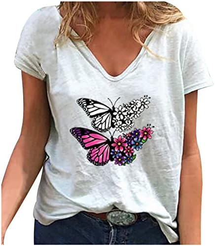 Blusa de a Manga Corta para Mujer Camiseta 2023 con Estampado de mariposas Camisetas con Cuello en V Camiseta de Tela