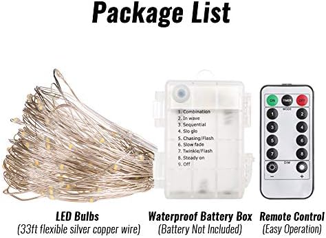 ANJAYLIA 2 Csomag 33ft 100 LED tündérfény elemes, Vízálló Ragyogj String Fények, Réz Drót Szabályozható Firefly lámpa Távirányító Időzítő,