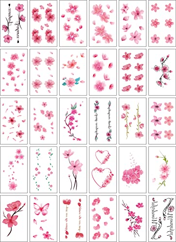 30 Lap Rózsaszín Virág Ideiglenes Tetoválás a Nők, Lányok 3D cseresznyevirág Virágos Szexi Hamis Tetoválás Matricák Vízálló Body Art Ideiglenes