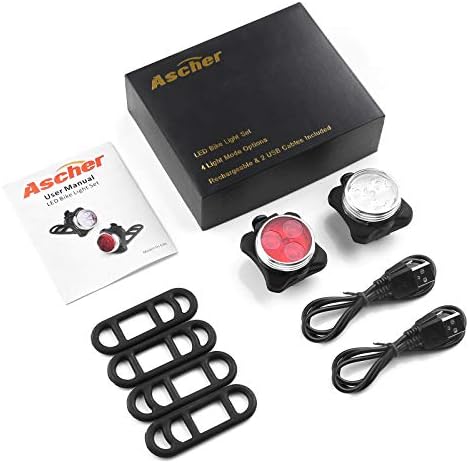 Ascher USB Újratölthető Kerékpár Lámpa Készlet,Szuper Fényes Első Fényszóró, mind a Hátsó LED-es Kerékpár Lámpa,650mah, Lítium Akkumulátor,4