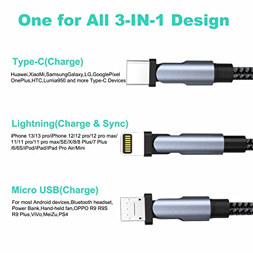 Multi 3 in 1 USB Univerzális iPhone Töltő Kábel 1,8 M/6FT, 180 Fokos Forgatás USB-Villám+C Típus+Micro USB Fonott Nylon Telefon