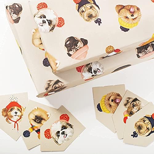 Karácsonyi Ajándék Wrap - 6 Csomagoló Papír Lap - Kutyák Kalapok - Vicces Ajándék Wrap A Lányok, Fiúk - Divatos Ünnepi Karácsonyi Ajándékba