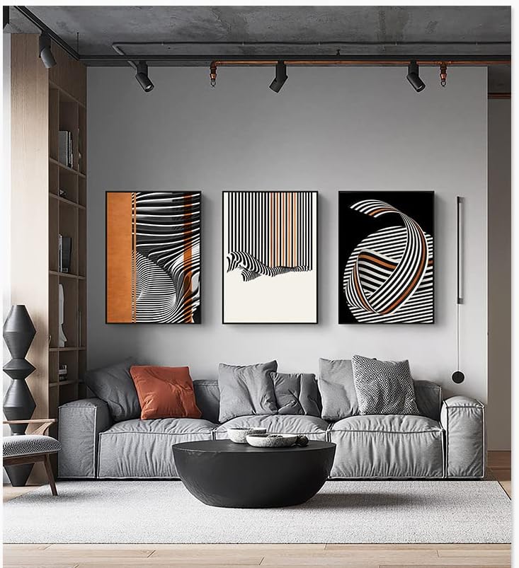 Foltos modern minimalista orange abstract vonalak díszítő festés, fekete fehér, szürke kreatív falfestés stúdió fal festés (C,12x18inchFramed-kész