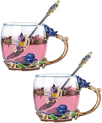 SHEEYEE Üveg Kávés Bögre Kanállal, Tűzzománc Pillangó Rózsa Virág Tea Csésze Dekoratív Kezelni Tea Beállítja a Nők Ajándék 11 oz.(2 db)