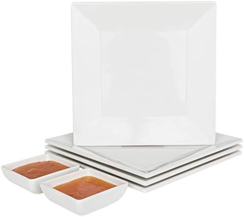 CHEFQ [4 Csomag] 8 x 8 Fehér Négyzet Melamin Lemezek, Törhetetlen Elegáns Tányér Szett Szósz Étel