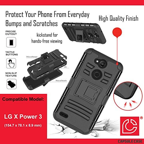 Moriko Esetben Kompatibilis LG X Power 3 [Páncél Réteg Csepp Védelem Ütésálló Kitámasztó övcsipesz Tok Combo Fekete burkolata] az