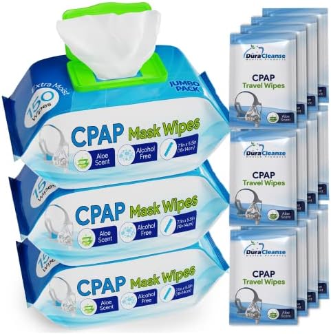 DuraCleanse CPAP Maszk Tisztító Törlőkendő - 3 Pack -3x150 Gróf Plusz 3x4 Utazási Törlőkendő - Extra Nagy, Extra Nedves Tisztítás CPAP Darabos,