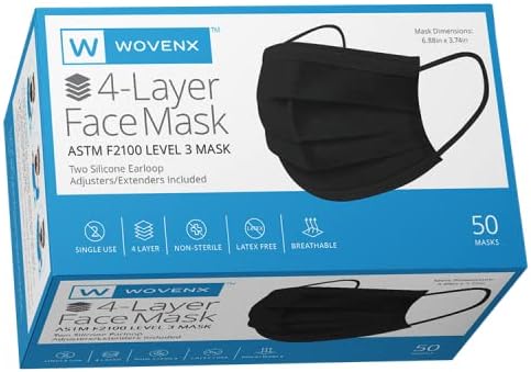 wovenx - FDA által Regisztrált, ASTM Szinten 3 Fekete Maszk, 4 Rétegű, Doboz 50 (Fekete), 4 Réteg