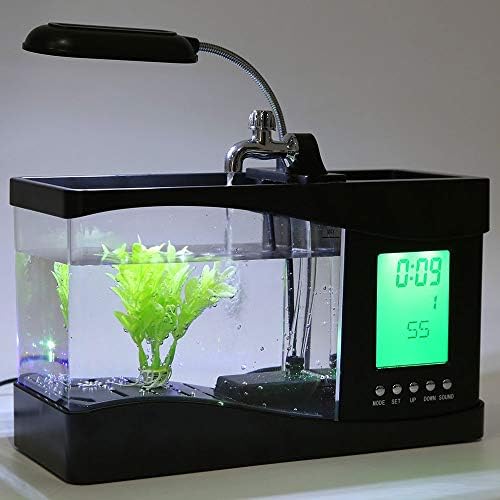 WSSBK USB Asztali Mini akvárium, Akvárium Időzítő LCD Ébresztőóra LED Lámpa Fekete Visszavezetés Hőmérséklet Naptár