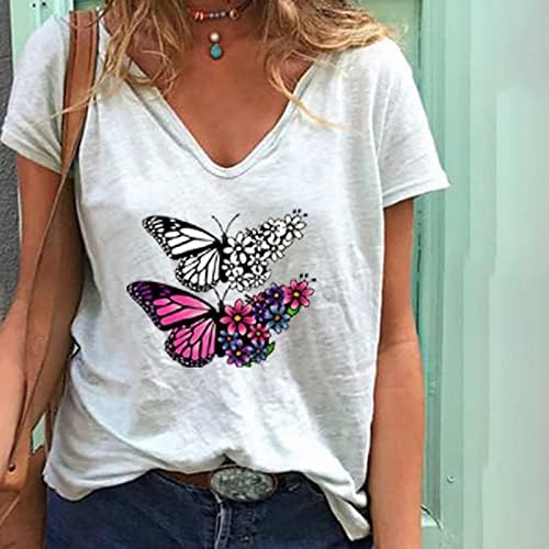 Plus Size Felsők Női Alkalmi Nyári póló V Nyakú Rövid Ujjú Tunikák Pillangó Grafikus Póló Elegáns Laza Tshirt Blúz