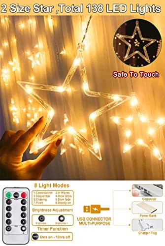 Csillag Függöny Fények, Karácsonyi Dekoráció, 12 Csillagok, 138 LED 8 Mód Időzítő-Távirányító-USB Ablak Függöny Tündér String Fények