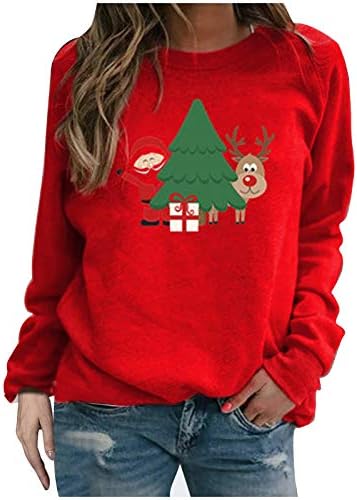 SmallYin Karácsonyi Print Női Hosszú Ujjú Lazítsa Meg Sweatershirt Pulóver Felső Piros