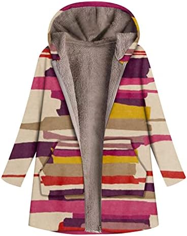 Basysin Hosszú Kabátok Női Sherpa Bélelt Puha Csíkos Virágos Nyomtatott Plus Size Zip Kapucnis Kabát Outwear