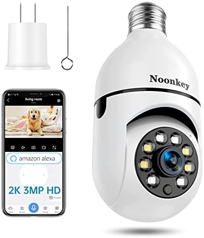Noonkey 2K/3MP Villanykörte Biztonsági Kamera, 360° Fokos Panorámás,Alexa E27 Lámpa Foglalat Kamera Kültéri, Vezeték nélküli WiFi Haza