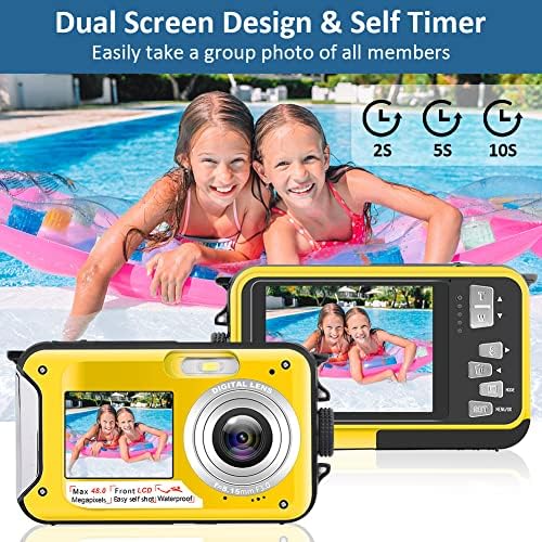 Víz alatti Kamera 10FT HD Vízálló Digitális Kamera, 2.7 K 48MP 16X Nagyítás Vízálló Fényképezőgép Énkép Kettős Képernyők Víz alatti