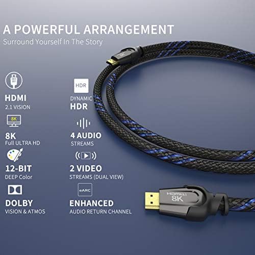 AUDIANO 8K HDMI 2.1 Kábel, 48 Gbps Ultra Nagy Sebességű 3D-s Fonott Nylon Kábel Támogatja a 8K 60Hz 4K 120Hz 144 hz, eARC Dolby