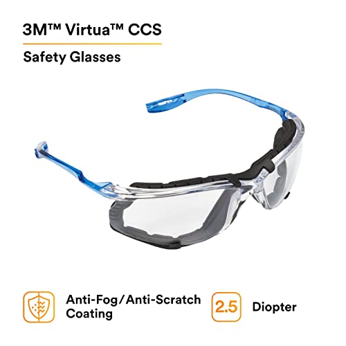 3M Biztonsági Szemüveg Olvasók, 2.5, Virtua CCS, ANSI Z87, Anti-Köd, víztiszta Lencse, valamint a Keret, Kék Karját, Vezetékes