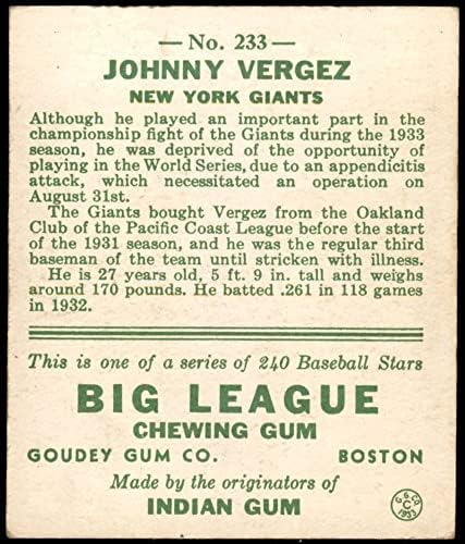 1933 Goudey 233 Johnny Vergez New York Giants (Baseball Kártya) VG/EX Óriások