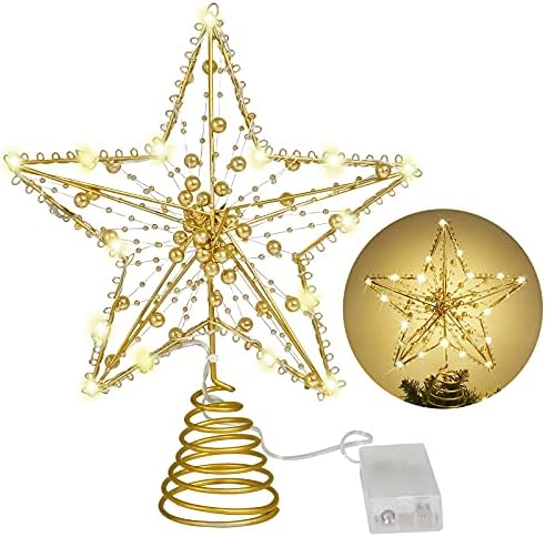MAIAGO 10 Hüvelykes Karácsonyi Csillag csúcsdíszt, 20 LED-es Meleg Fehér Fény, Fényes, Kerek Arany Gyöngyökkel Design karácsonyfa Díszek,