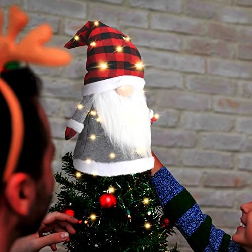 Kivilágított karácsonyfa Topper 25 Hüvelyk Nagy Bivaly Kockás Gnome csúcsdíszt a Fények, Skandináv, svéd tomte barátja elemes Elf Karácsonyi