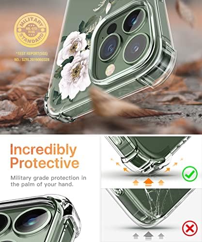 GVIEWIN iPhone 13 Pro Esetében képernyővédő fólia & Kamera Lencséjét Védő, [10FT Katonai Csepp Védelem] Világos, Ütésálló Slim Fit Virágos Telefon
