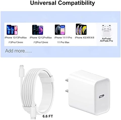 Gyors Töltő iPhone【Apple Mpi Hitelesített】 20W USB-C Fali Töltő 6.6 FT Gyors Töltés Kábellel Hordozható Telefon Töltő Kompatibilis