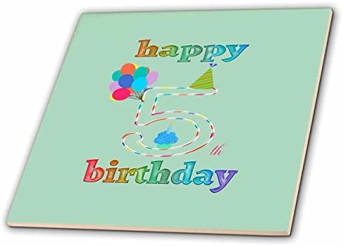 3dRose Boldog 5. Születésnap, Süti a Gyertyát, Lufi, Kalap, Színes - Csempe (ct_350734_1)