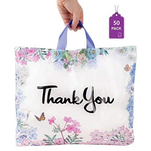 Lila Q Kézműves Köszönöm Táskák Üzleti 50 Csomag 15 W x 12 H Virágos Műanyag Bevásárló Táskák Puha Hurok Kezelni Köszönöm Bevásárló