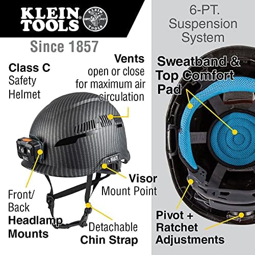 Klein Eszközök 60517 Biztonsági Sisak, Szellőző a C Osztályú Újratölthető Lámpa Chin Heveder, Prémium KARBN Minta, Állítható Szellőzőnyílások