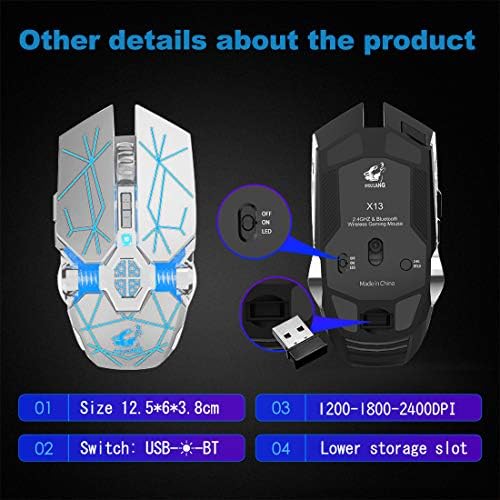Vezeték nélküli Bluetooth-Gaming Mouse Újratölthető 7 Gombot Szivárvány RGB Több Szín Légzés Háttérvilágítású, 3 Állítható